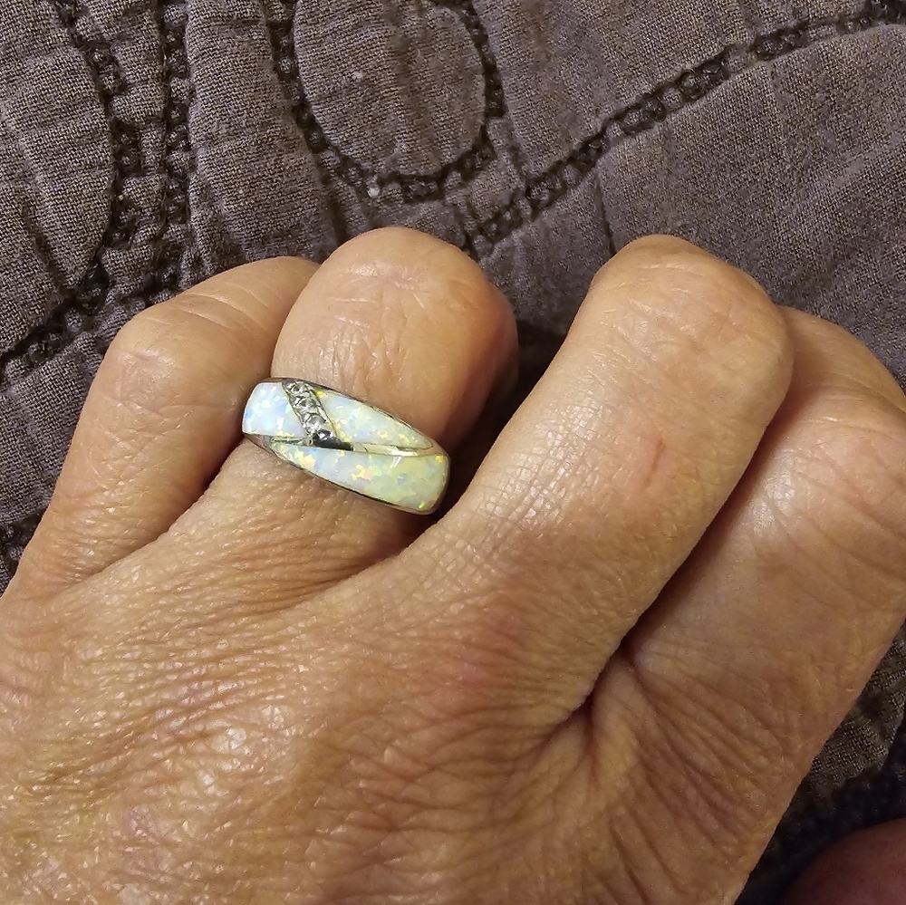 Sterling Silver Opal and Diamond ring. Size 7.